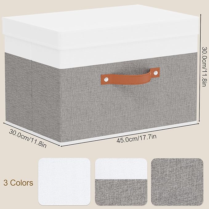 Fabric Storage Boxes with Lids, Linen Foldable Cloth Baskets, 17.7 x 11.8 x 11.8 Inch Closet Organizer Containers with Double Handles, Sweater Bins for Bedroom, White and Grey, 3 Pack