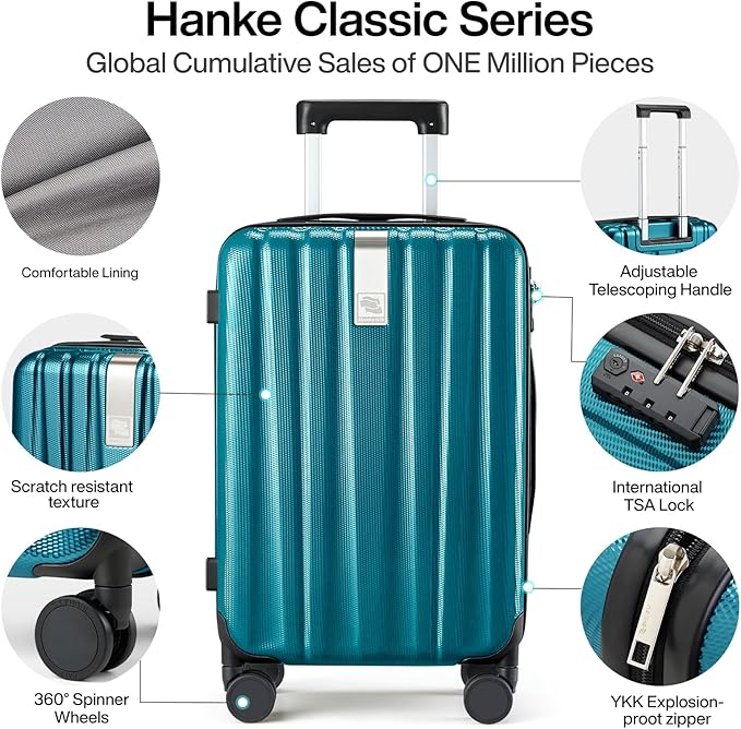 Hanke Luggage Sets 3 piece Carry On Luggage with Wheels PC Hard Shell Suitcases Lightweight Checked Travel Luggage Extra Large Travel Suitcase Woman Men 20/24/29 Inch(Caribbean Blue)
