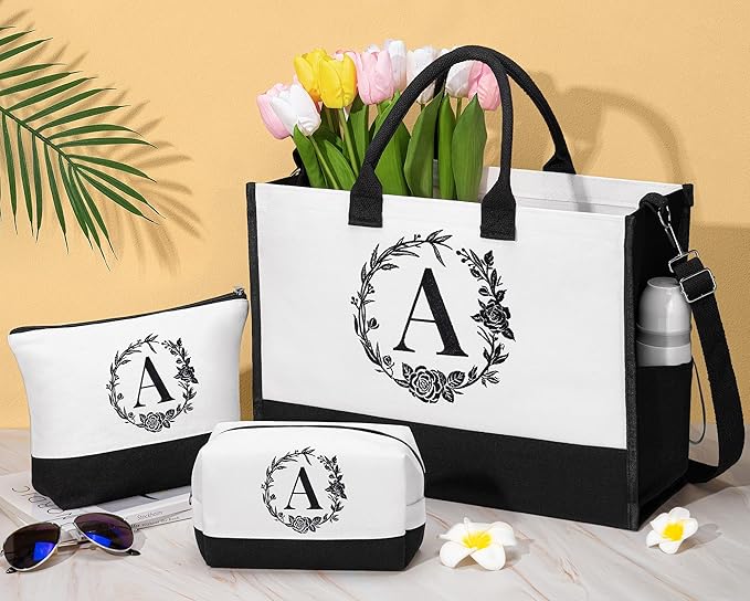 Personalized Christmas Gifts for Women, Initial Canvas Tote Bag & Makeup Bag Monogrammed Beach Tote Bags for Women w/Zipper, Birthday Gifts for Mom Her Sister Friend Girlfriend Wife Daughter Teacher