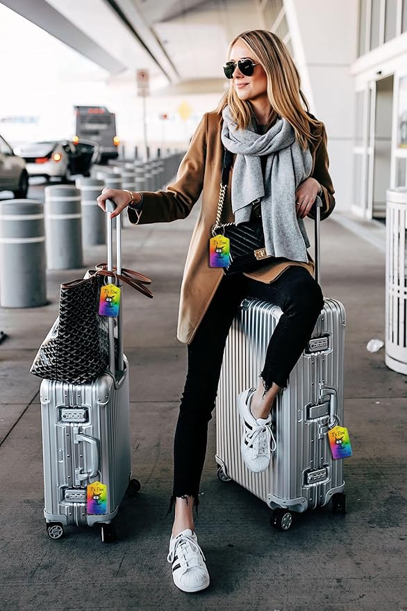 2 Pack Luggage Tags for suitcases Funny Cute Rainbow I'm Fine It's Fine Luggage Tag, Leather Stainless Steel Loop Label Tag for Men Women Travel Bag Suitcase(Rainbow Fine)