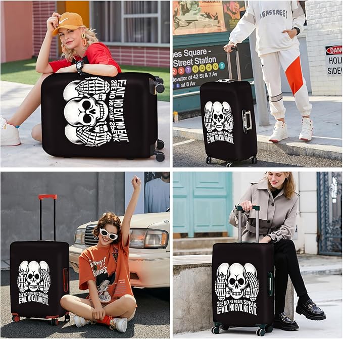 ANNA QUEEN Gothic Skull Luggage Cover, “See No Evil, Hear No Evil, Speak No Evil” Skeleton Design, Stretchable, Washable Suitcase Protector for 32-34 Inch Travel Suitcases