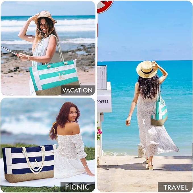 YOOLIFE Large Initial Beach Bag Waterproof Tote Zipper Bag Personalized Gifts for Women Her Birthday Travel Beach Essential