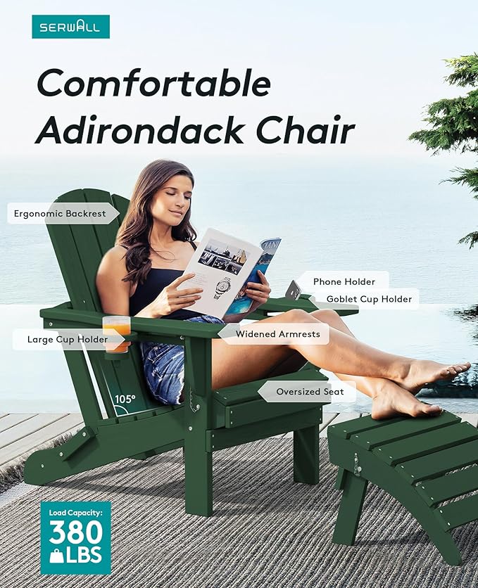 SERWALL Adirondack Chair with Cup Holders - Composite Adirondack Chairs Set of 4 HDPE Outdoor Chairs All Weather Use- Green
