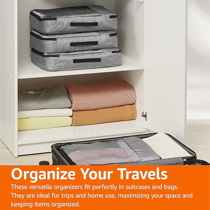 Amazon Basics 4 Piece Packing Cubes Travel Organizer Set with Double Zipper, Mesh Top, Large, Gray