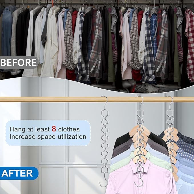 6 Pack Space Saving Hangers for Clothes, Heavy Duty 30Lbs Capacity Magic Clothes Space Saver Sturdy Metal Hanger Organizer with 360° Swivel Hook, Closet Organizers Storage Dorm Essentials Silver
