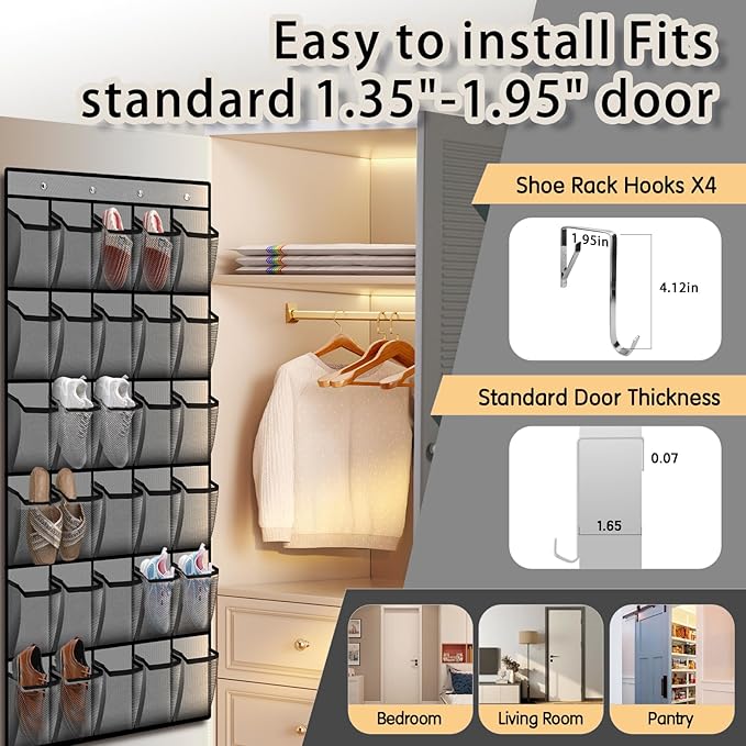 Over the Door Shoe Organizer with 30 Breathable Mesh Pockets - Large Capacity Closet Storage for Men & Women, Hanging Shoe Rack Organizer -Gray