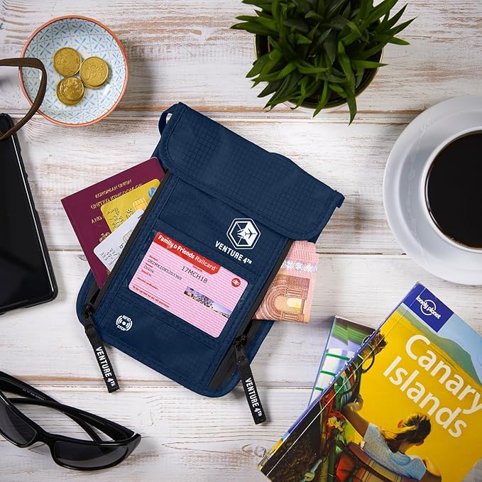 VENTURE 4TH Passport Holder Neck Pouch With RFID Blocking – Hidden Neck Wallet (Navy Blue)