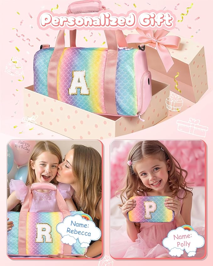 Graduation Gifts for Girls-Girl Gym Bag with Shoe Compartment, Kid Personalized Weekender Overnight Bags, Initial Travel Tote with Makeup Pouch, Gift Ideas for Niece Sister (Letter W)