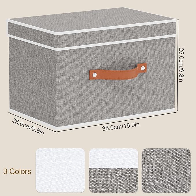 Collapsible Storage Bins with Lids, 5 Pack Linen Foldable Cloth Baskets, 15 x 9.8 x 9.8 Inch Closet Organizer Containers with Double Handles, Sweater Boxes for Bedroom, Grey