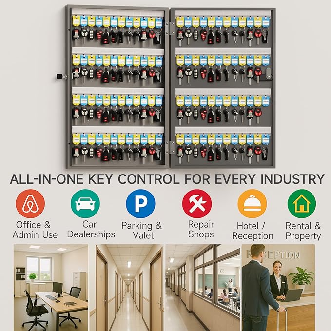 WeHere Key Lock Box Wall Mount(96 Keys), Key Cabinet Security Combination Lockbox with Key Tags, Digital Code Key Storage Lockbox,APP Key Management System for Valets, Hotels, House