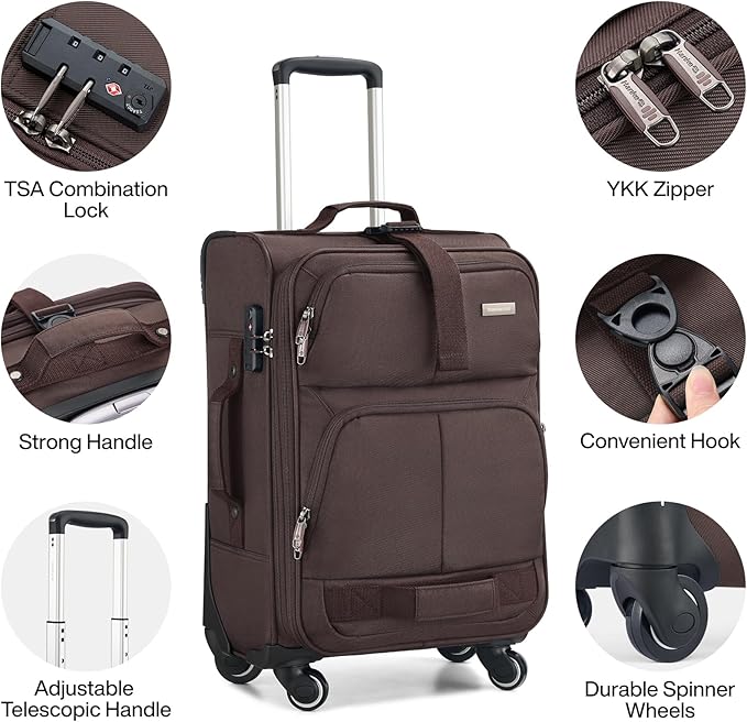 Hanke 20 Inch Softside Expandable Carry On Luggage with Spinner Wheels, Rolling Suitcase Travel Luggage with TSA Approved Luggage,Coffee