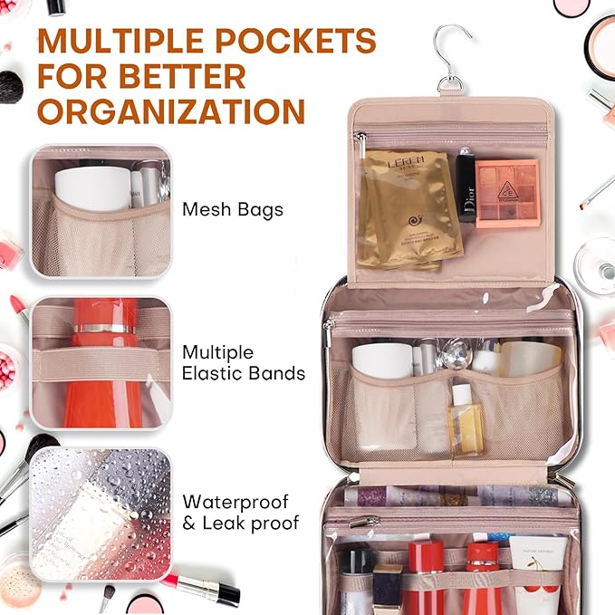 Hanging Toiletry Bag for Women Travel, 2 Sizes Large & Small Waterproof Cosmetic Organizer with 4 Compartments, Rotating Hook, Foldable Pink Travel Bag for Toiletries & Makeup - Medium Pink