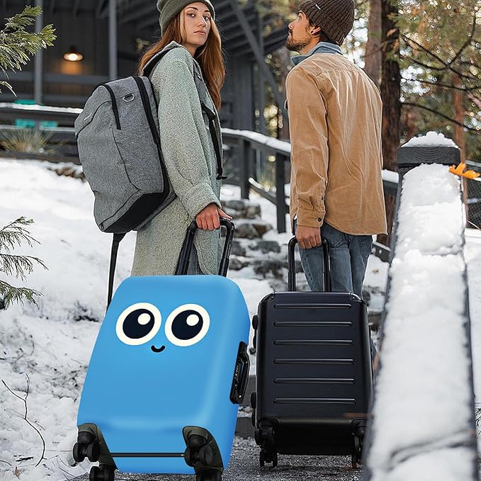 ANNA QUEEN Cute Smiley Face Luggage Cover, Blue Cartoon Suitcase Protector with Big Eyes Design, Stretchable, Washable Travel Cover for 32-34 Inch Luggage