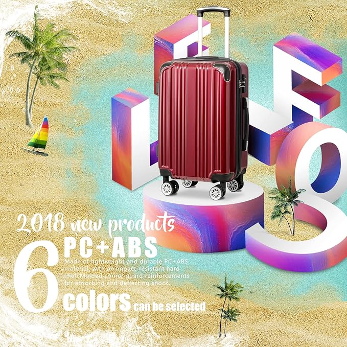 Coolife Luggage Expandable(only 28") Suitcase PC+ABS Spinner 20in 24in 28in Carry on (wine wind new, M(24in))