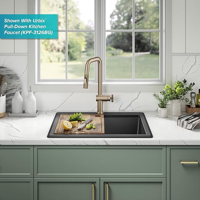 KRAUS Bellucci 25-inch Granite Workstation Drop In Top Mount Single Bowl Kitchen Sink in Metallic Black with Accessories, KGTW12-25MBL