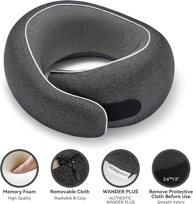 WANDER PLUS® Genuine Travel Pillow, 100% Pure Memory Foam Neck Pillow for Airplanes, Comfortable Breathable Cover, 360° Support Stowable Pillows for Sleeping, Car, Airport Travel Essentials Sky Blue