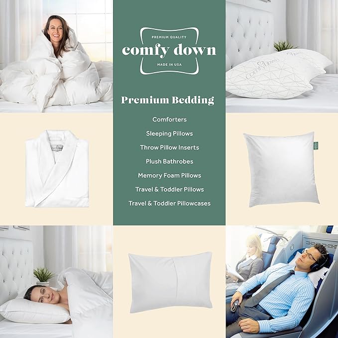 Goose Down Travel Pillow - Filled with 800 Fill Power European Goose Down, Egyptian 300 Thread Count 100% Cotton Cover for Plane car & Home - Made in USA (13" x 18")