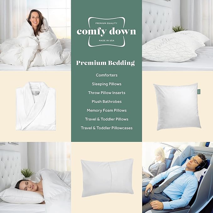 Goose Down Travel Pillow - Filled with 800 Fill Power European Goose Down, Egyptian 300 Thread Count 100% Cotton Cover for Plane car & Home - Made in USA (12x16)
