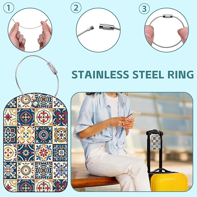 2 Pack Cute Luggage Tag for Suitcases Portuguese Tiles Leather Luggage Tags with Stainless Steel Loop Privacy Flap Name Tags,Men and Women Travel Bag Suitcase Tags