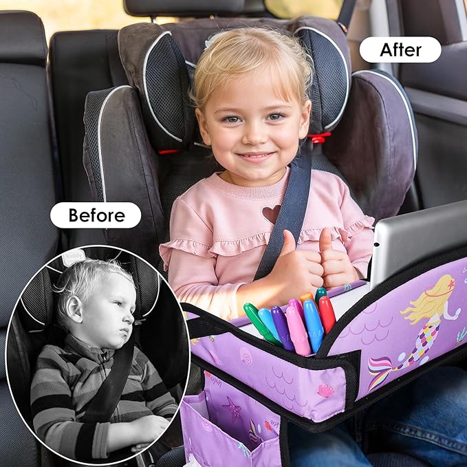 Kids Travel Tray for Airplane - Toddler Car Seat Table Tray, Road Trip Essentials for Boys & Girls, Carseat Lap Desk for Kids Road Trip Activities (Purple Mermaid)
