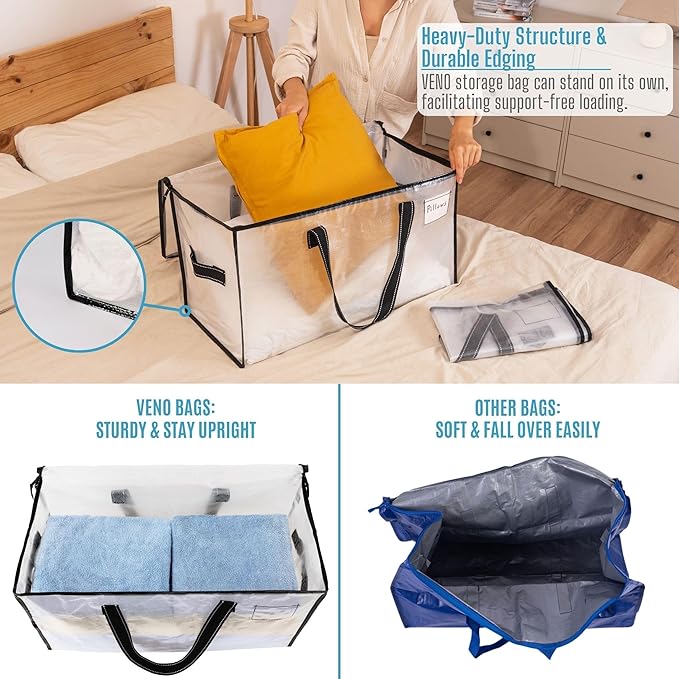 VENO 6 Pack Moving Bags, Comforter and Blanket Storage Bags for Closet, Moving Boxes, Boxes with Lids Alternative, College Dorm Packing Supplies, Foldable Heavy-Duty Tote with Window (Clear, 6 Pack)
