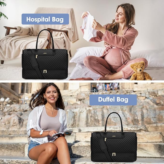 Travel Weekender Bags for Women - Duffle Bag Women with Shoe Compartment Carry On Overnight Bag with Toiletry Bag Duffel Bags with Wet Pocket for Gym Hospital Bags for Labor and Delivery Black
