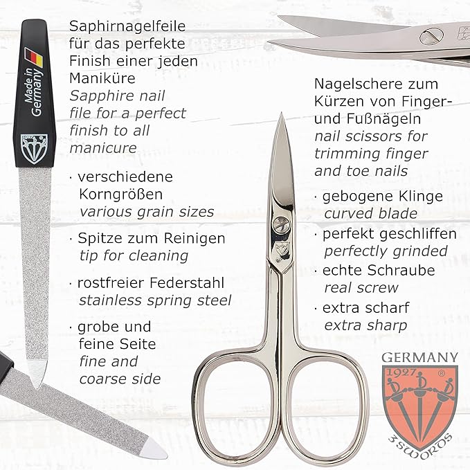 3 Swords Germany - brand quality 10 piece manicure pedicure grooming kit set for professional finger & toe nail care tweezers file clipper fashion leather case in gift box, Made by 3 Swords (01610)