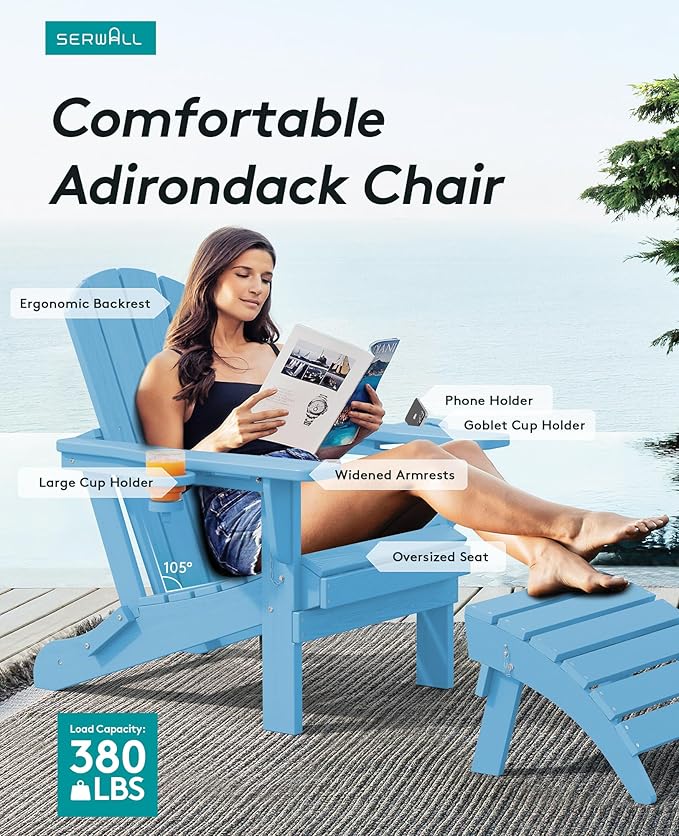 SERWALL Adirondack Chair with Cup Holders - Composite Adirondack Chairs Set of 4 HDPE Outdoor Chairs All Weather Use- Light Blue