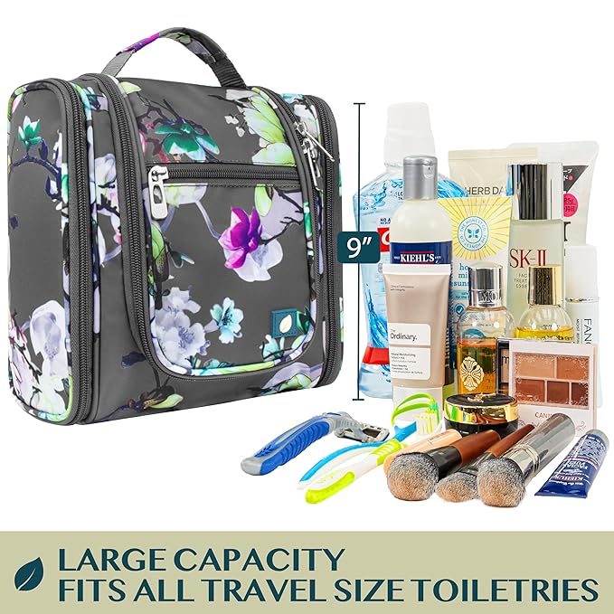 PAVILIA Toiletry Bag Travel Bag for Women Men, Hanging Cosmetic Organizer, Water Resistant Makeup Bag for Accessories Toiletries, Large Travel Essentials Kit (Floral Grey)