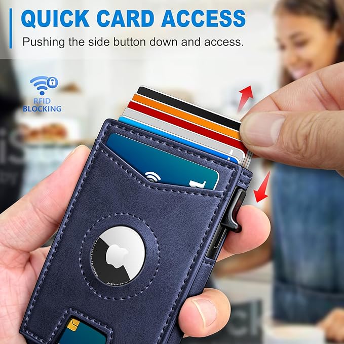 Airtag Wallet for Men,with Money Clip Gift Boxed,Slim Front Pocket Wallet RFID Blocking Metal Case Smart Pop-up Credit Card Holder in Magnetic Leather Flip