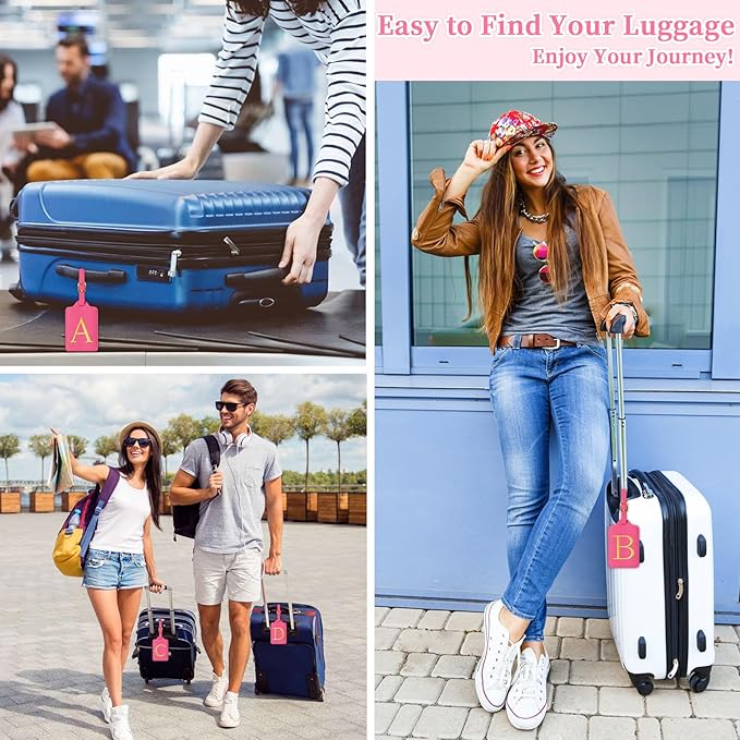 Personalized Initial Luggage Tags for Suitcase, Rose Red Leather Cute Luggage Tags with Privacy Cover Name Card, Embroidered Custom Monogram Luggage Tags Travel Backpack Tag Gifts for Women Kids(A)