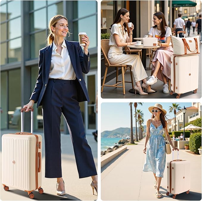 Hoteel 6 Piece Luggage Set with Spinner Wheels (4-YEAR WARRANTY), Carry on Luggage for Travel with TSA Lock, ABS+PC Hardshell Suitcase Set, 16"/20"/24"/28"+Duffel Bag+Cosmetic Bag(Beige)
