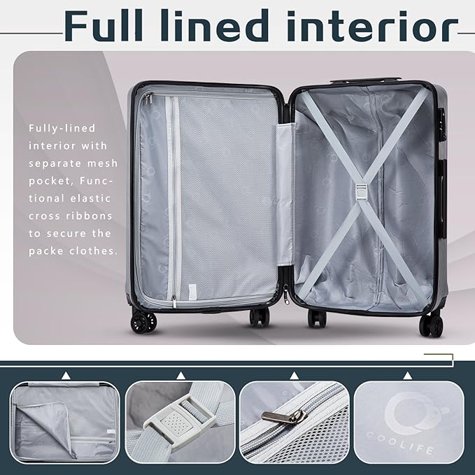 Coolife Luggage Suitcase PC+ABS with TSA Lock Spinner Carry on Hardshell Lightweight 20in 24in 28in (grey, M(24IN))