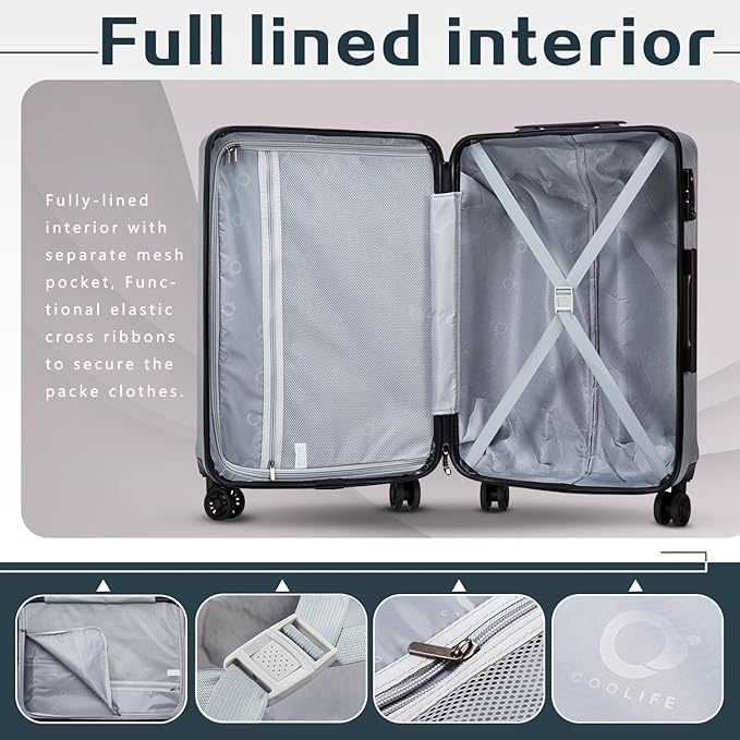 Coolife Luggage Suitcase PC+ABS with TSA Lock Spinner Carry on Hardshell Lightweight 20in 24in 28in (sliver, L(28IN))