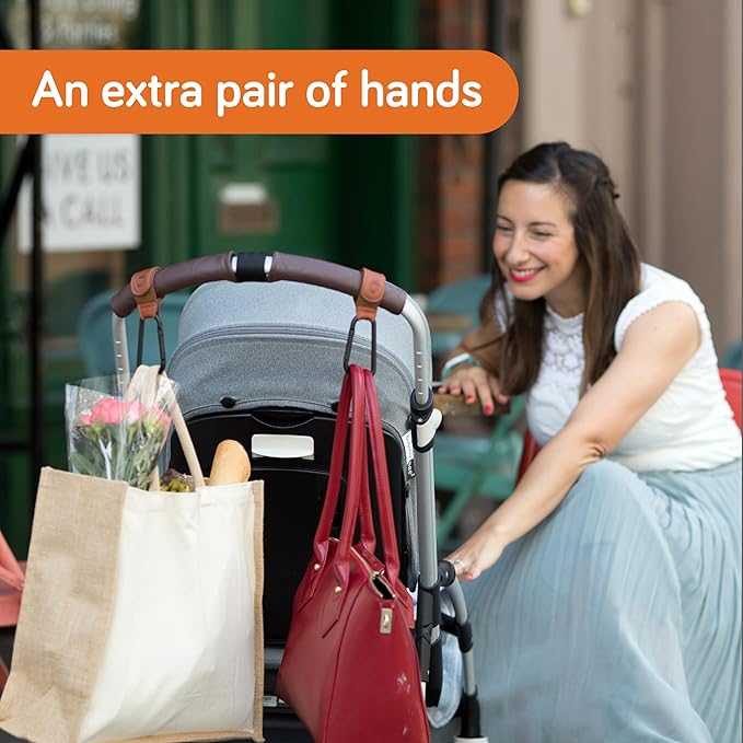Baby Uma Stroller Hooks for Bags (2 Pack) - Leather-Style Stroller Clips and Hooks, Non-Slip Stroller Accessories, Carry 11 lbs Per Stroller Hook, Universal Baby Essentials & Stroller Accessories