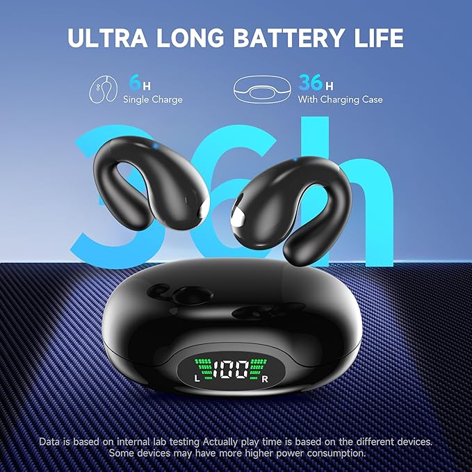 Open Ear Earbuds Wireless Bluetooth 5.4 Earphones, Flexible Clip On Ear buds with 36H Playtime LED Display Bone Conduction Headphones, IPX7 Waterproof Light Weight Earbuds Fit for Every Ear, Sports