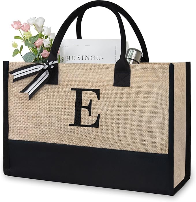 TOPDesign Initial Jute/Canvas Tote Bag, Personalized Present Bag, Suitable for Wedding, Birthday, Beach, Holiday, is a Great Gift for Women, Mom, Teachers, Friends, Bridesmaids (Letter E)