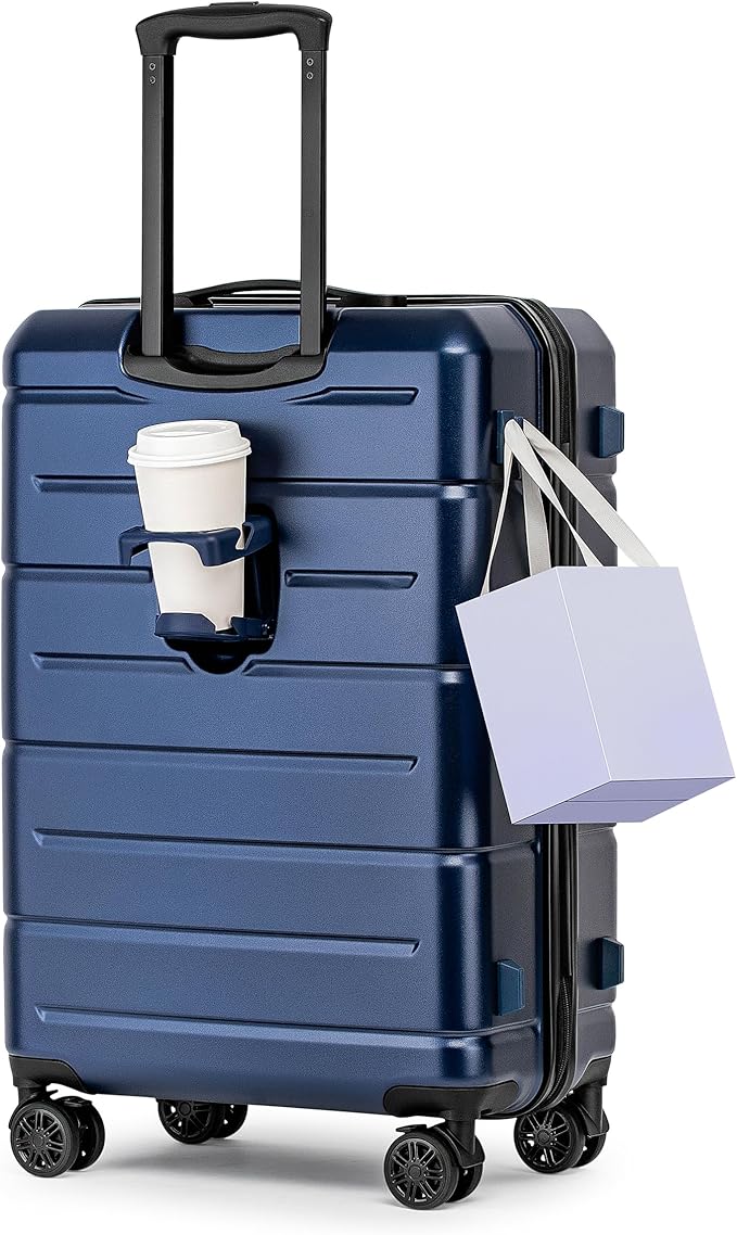 KYME Suitcases with Wheels Hardshell 26 Inch Luggage with TSA Lock Durable Medium Checked Travel Rolling Luggage with Cup Holder for Women Men Navy