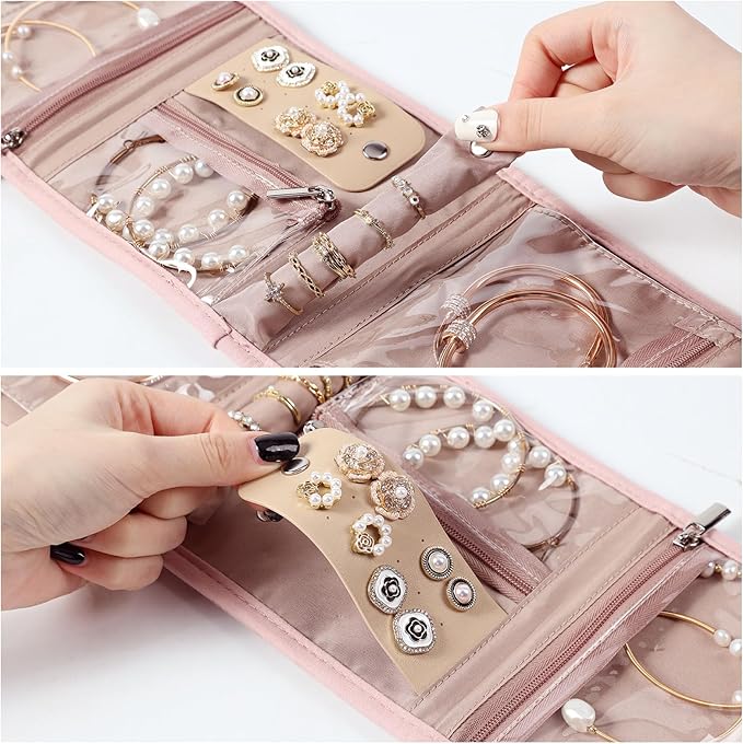 BELALIFE Travel Jewelry Case Organizer, Small Foldable Storage Roll for Earrings, Necklaces, Rings, Bracelets, Brooches, Pink