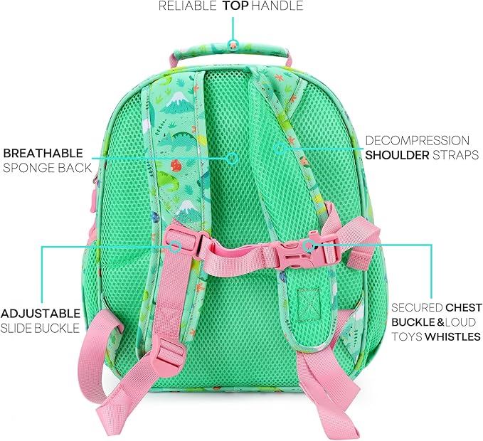 mibasies Toddler Backpack for Girls 2-4: Cute Kids Backpacks for Girls - Preschool Kindergarten Backpack - Dinosaur Forest Light Green