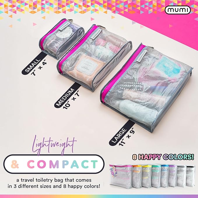 MUMI Travel Toiletry Bag Set of 3 – Clear TSA Approved Toiletry Bags for Women – Reusable Water-Resistant Makeup Organizer Pouches for Skincare, Cosmetics, Travel Accessories, Airport Packing - Purple
