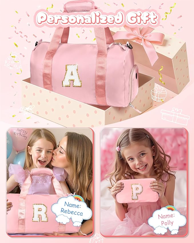 Easter Gifts for Teens Girls-Girl Gym Bag with Shoe Compartment, Kid Personalized Weekender Overnight Bags, Initial Travel Tote with Makeup Pouch, Gift for 3 4 5 6 7 Year Old Kids (Letter T)