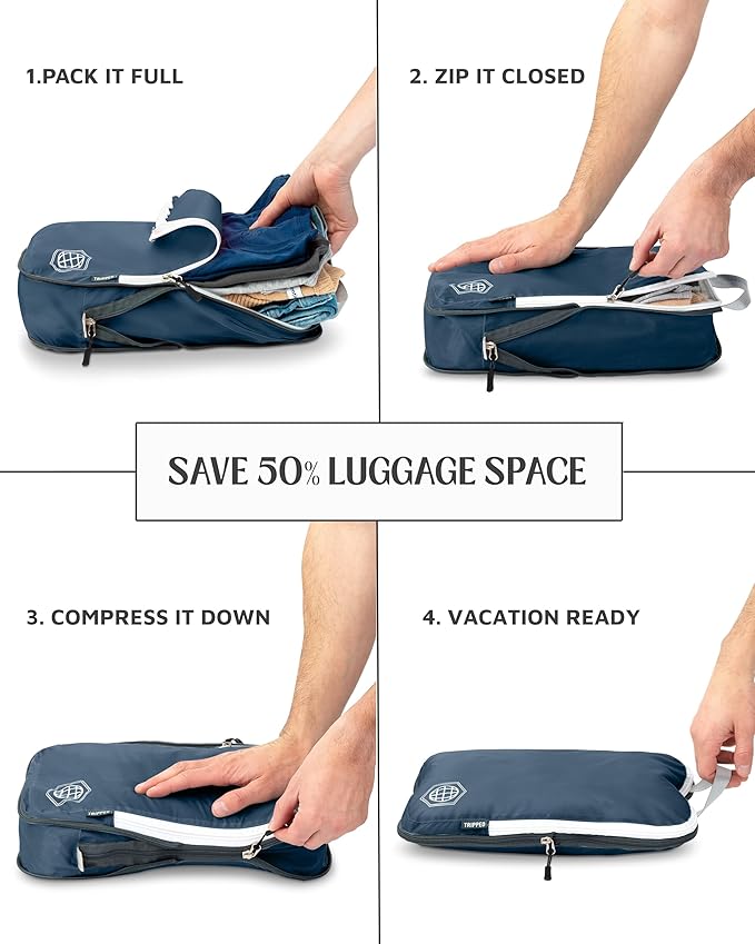 Large Compression Packing Cubes for Travel-Packing Cube Luggage Organizers 7 Piece Set for Checked Luggage-Ultralight, Expandable/Compression Bags by TRIPPED Travel Gear (Navy/White)