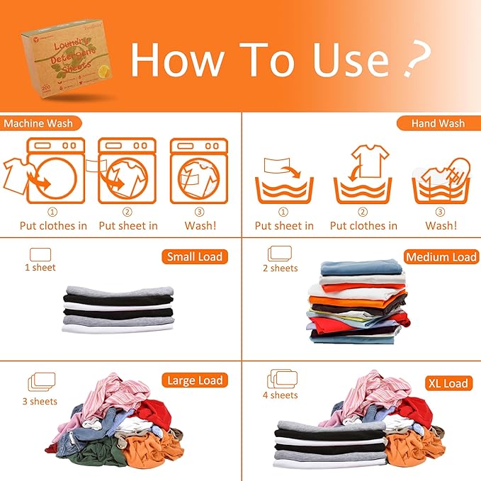Freelivity Laundry Detergent Sheets, 200 Sheets Lemon Orange - Eco-Friendly Hypoallergenic Plastic-Free LiquidLess Clothes Washing Detergent Supplies for Save Space Travel Camping
