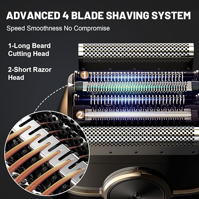 Electric Foil Shavers for Men: Upgraded Mini Electric Razor for Beard - 4 Floating Blades & Big LED Display - 2 Gears Adjustable Face Razor with IPX7 Waterproof for Travel & Home, USB Type C