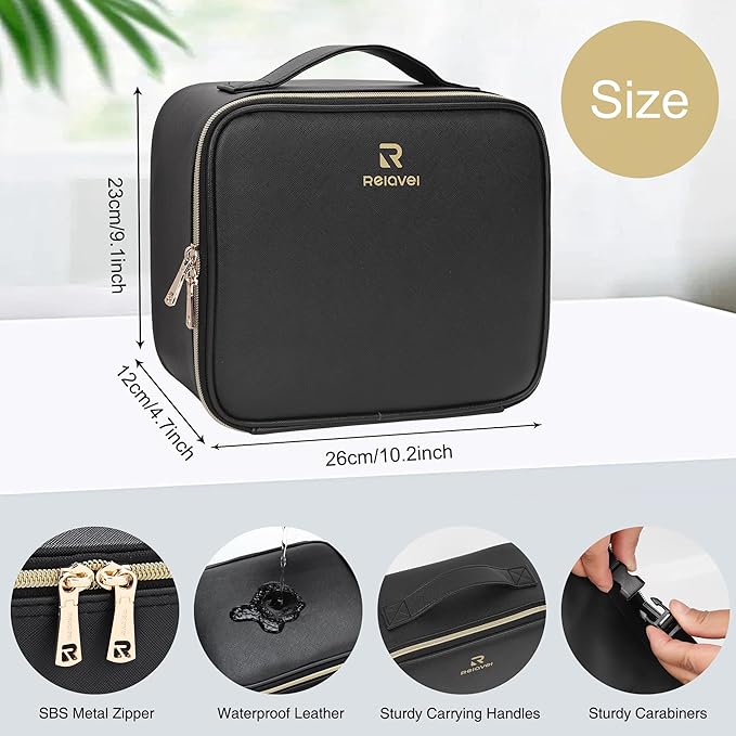 Relavel Travel Makeup Bag With LED Mirror, Cosmetic Train Case with Light up Mirror, Portable Makeup Artist Organizer Bag with Adjustable Dividers, Makeup Brush Holder Storage, Black