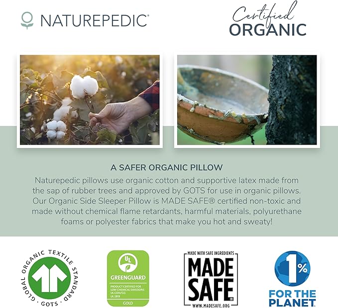 Naturepedic Organic Latex Side Sleeper Pillow - Standard/Queen Bed Pillow with Shoulder Cutout - Luxury Pillow for Back Support and Neck Pain Relief