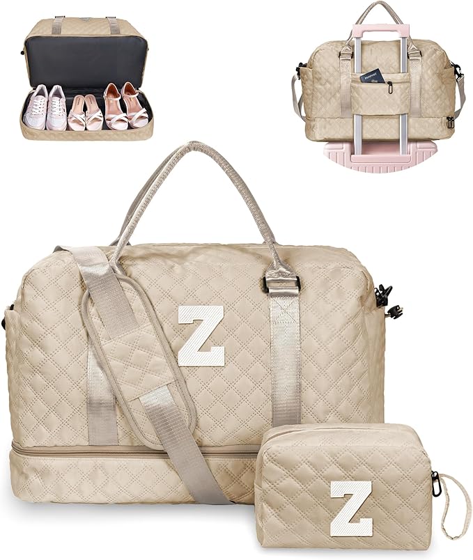 Gifts for Teen Girls 16-18, Birthday Gift-Initial Travel Bag with Shoe Compartment, Personalized Weekender Bag, Monogram Overnight Bag for Women, Letter Travel Bag with Makeup Bag (Letter Z)