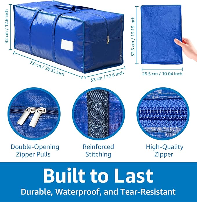 6 Pack Heavy Duty Moving Bags with Padded Wrap Around Handles-Strengthened Zipper Extra Large Storage Totes for Dorm College Clothes Blue