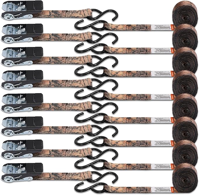 XSTRAP STANDARD Ratchet Tie Down Straps - 8PK - 1'' x 10 ft - 900 LB Break Strength Cargo Straps for Moving Appliances, Lawn Equipment, Motorcycle (Camouflage2)